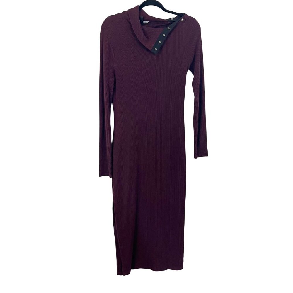 White House Black Market Maroon Ribbed‎ Long Sleeve Midi Dress - Size Small